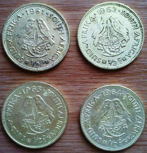 FOUR HALF CENTS, SOUTH AFRICAN CURRENCY, 1961, 1962, 1963, 1964, HALF CENT