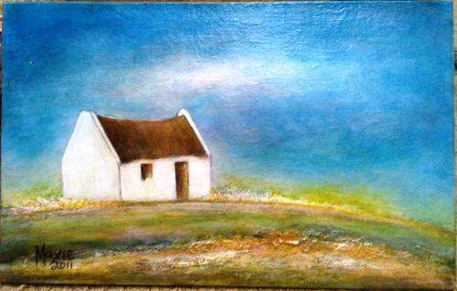 ORIGINAL ACRYLIC ON CANVAS BOARD, HOUSE IN FIELD by MAXIE LESSING