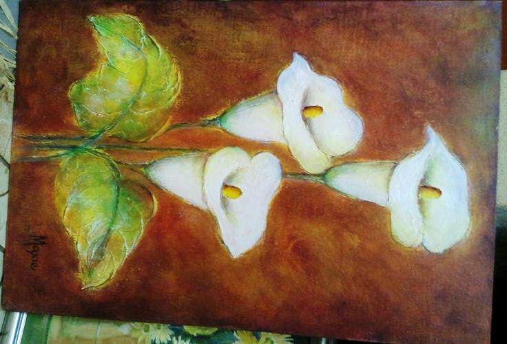 ORIGINAL ACRYLIC ON CANVAS BOARD, 3 ARUMS UNFRAMED by MAXIE LESSING