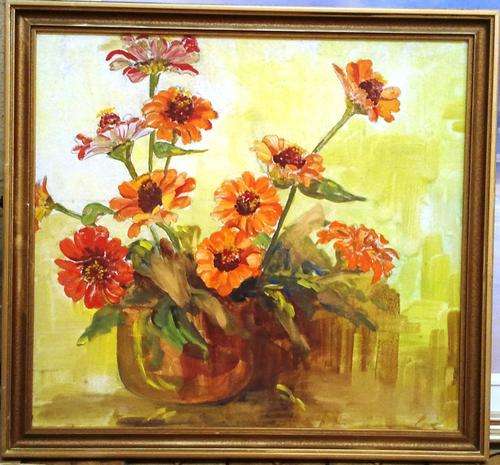 FRAMED ORIGINAL ACRYLIC, BOWL OF ORANGE FLOWERS
