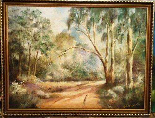 FRAMED ORIGINAL OIL ON CANVAS BOARD, FOREST LANDSCAPE BY ROSEMARY 1974