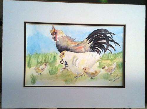 UNFRAMED ORIGINAL WATER COLOR, CHICKENS BY ANABEL ENGELBRECHT 2011