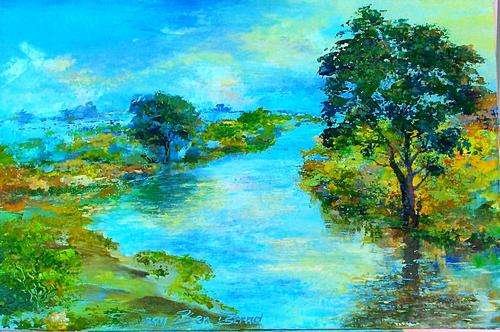 UNFRAMED ORIGINAL ACRYLIC ON CANVAS BOARD, TRANQUILITY AT THE RIVER BY BEN BERND