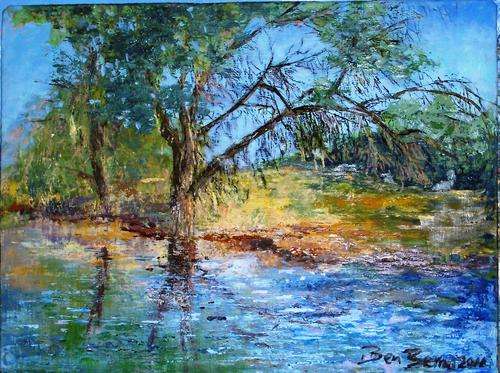 UNFRAMED ORIGINAL MIXED MEDIA ON CANVAS BOARD, TREES AT THE WATER BY BEN BERND