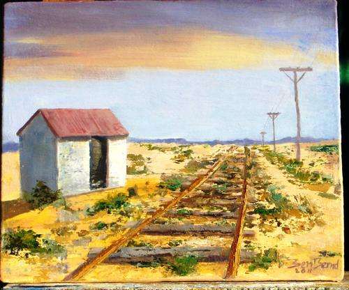 UNFRAMED ORIGINAL MIXED MEDIA ON CANVAS BOARD, DESOLATED RAILWAY SIDING BY BEN BERND