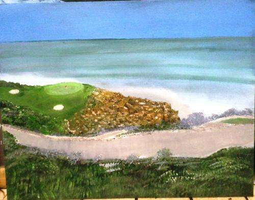 MIKE TALJAARD ORIGINAL OIL PAINTING ON BOARD CANVAS (14TH HOLE, PINACLE POINT, MOSSEL BAY )