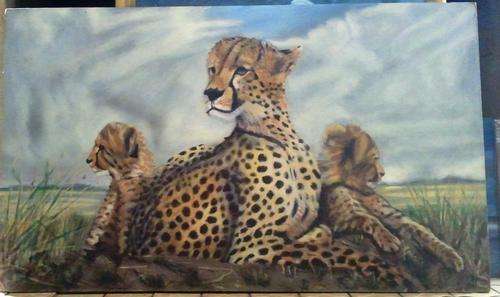 MASSIVE ORIGINAL OIL ON BOARD (CHEETAH AND HER TWO CUBS) SIGNED