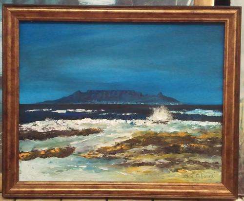 FRAMED MIKE TALJAARD ORIGINAL OIL PAINTING ON BOARD CANVAS (TABLE MOUNTAIN FROM BLOUBERG)