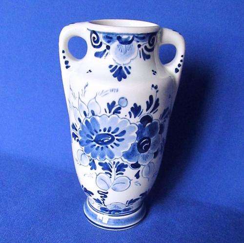 Regina Delft Blue Hand Painted Double Handled Vase - Signed