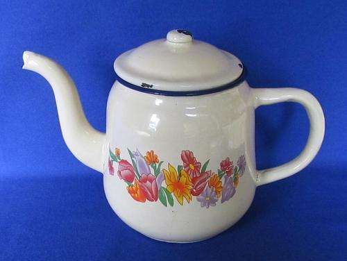 Retro Cream Floral Enamel Teapot With Blue Trim