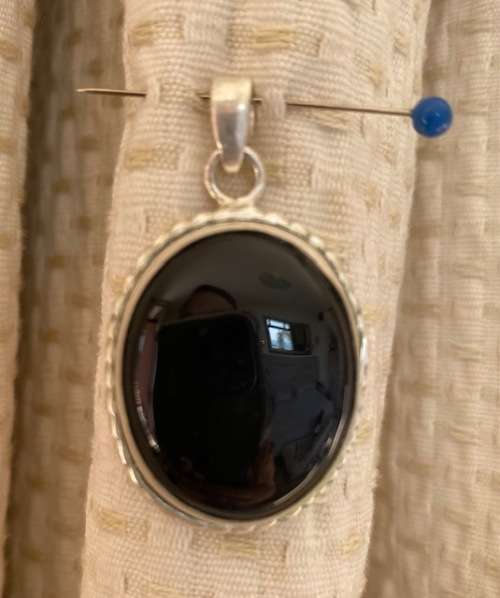 *** BEAUTIFUL BIG BLACK ONYX STONE STERLING SILVER PENDANT ***