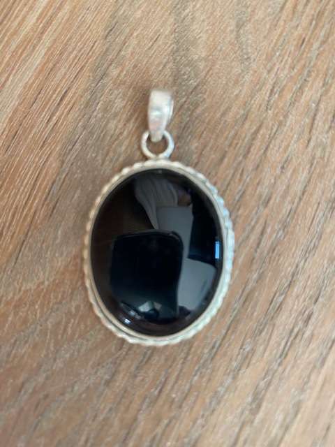 *** BEAUTIFUL BIG BLACK ONYX STONE STERLING SILVER PENDANT ***