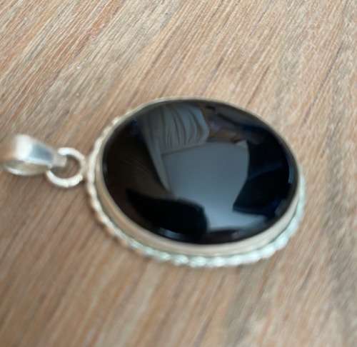 *** BEAUTIFUL BIG BLACK ONYX STONE STERLING SILVER PENDANT ***