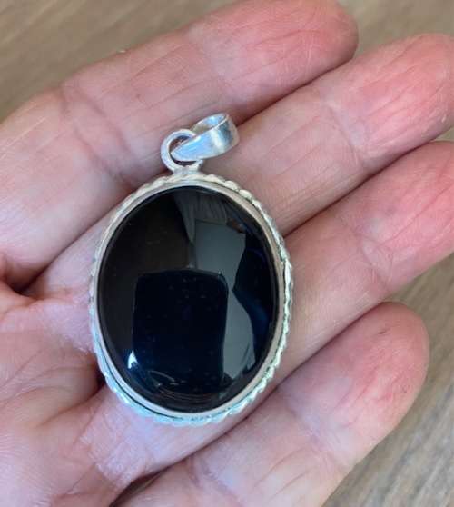 *** BEAUTIFUL BIG BLACK ONYX STONE STERLING SILVER PENDANT ***