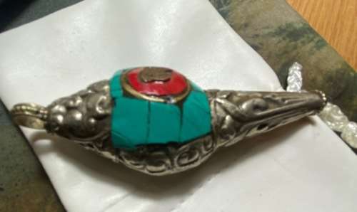 Tibetan Himalayan handmade vintage red coral turquoise silver Holy Ritual Sankh conch shell