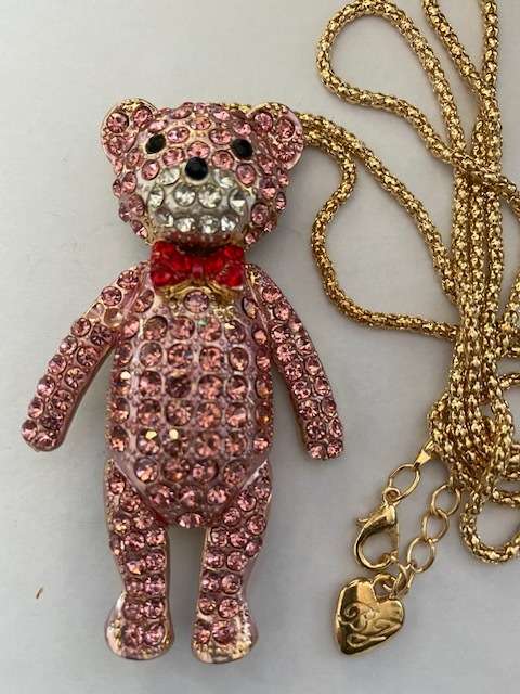 CUTE PINK TEDDYBEAR RHINESTONE NECKLACE/ BROOCH PIN