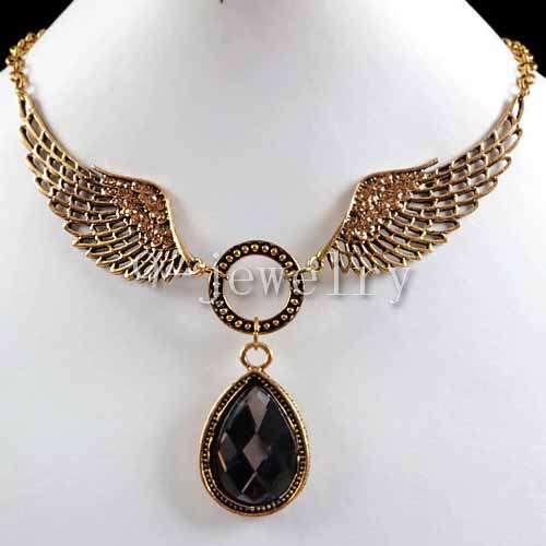 *** Angel Wing Charming Gun Black Rhinestone Crystal Necklace ***