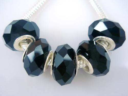 ***925 SILVER CORE MURANO GLASS FACETED CRYSTAL BEAD BLACK - FIT PANDORA ***