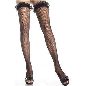 Ruffled Black fishnet thigh high stockings