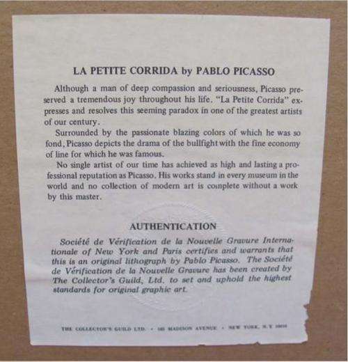 Limited Editioned Print Pablo Picasso La Petite Corrida *Authentication Guaranteed*