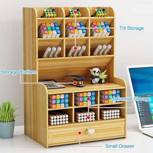Multifunctional Wooden Storage Rack Desk Storage Piece, Large Capacity Pen Holder