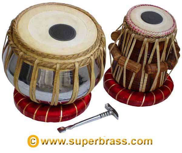 TOP-GRADE HEAVY INDIAN TABLA DRUM SET. BRASS & HEAVY ROSEWOOD. WITH TRAINING MATERIAL & CASE