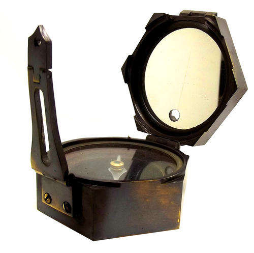 HEXAGONAL TRANSIT BRUNTON COMPASS. FUNCTIONAL. HEAVY ANTIQUATED BRASS KELVIN & HUGHES.