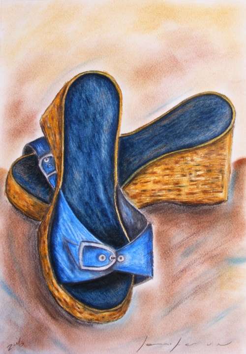 Her Blue Denim Sandals - Original Oil Pastel - Jennifer van Niekerk