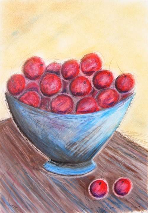 Cherry Bowl - Original Oil Pastel - Jennifer van Niekerk