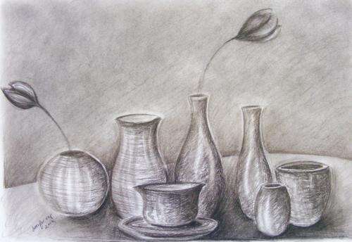 Bottles still life - Original Charcoal Sketch - Jennifer van Niekerk