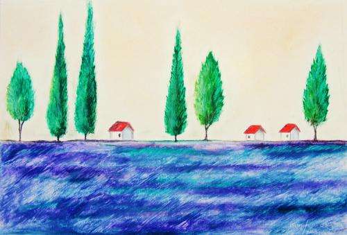 Lavender Farm Scene - Original Oil Pastel - Jennifer van Niekerk