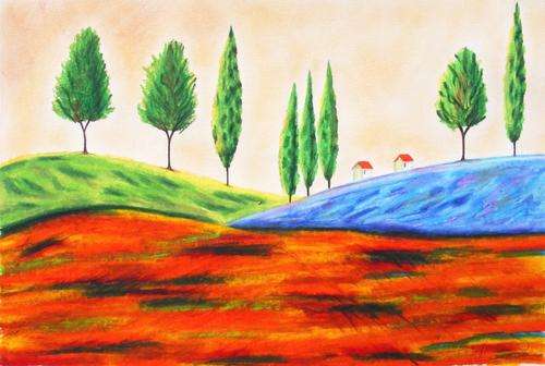 Bright Coloured Hills - Original Oil Pastel - Jennifer van Niekerk