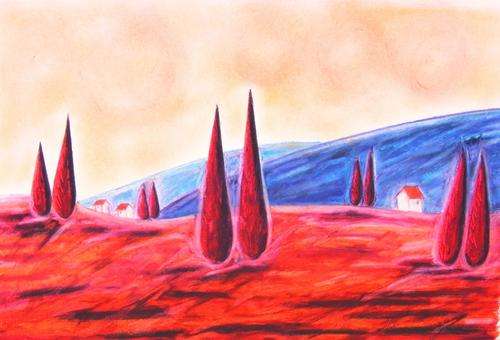 Cypress and Tumbleweed Landscape - Original Oil Pastel - Jennifer van Niekerk