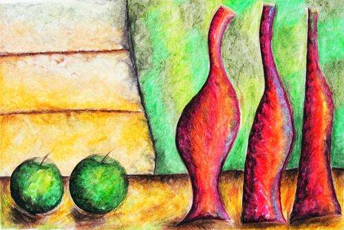 A Table Set for Apples - Original Oil Pastel - Jennifer van Niekerk