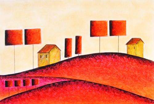 Ruby Rouge Geometric Landscape - Original Oil Pastel - Jennifer van Niekerk.