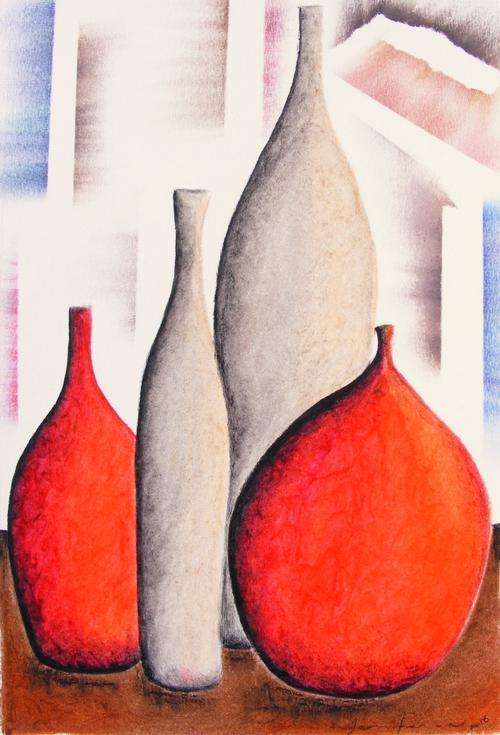 Four Bottles on the Table - Original Oil Pastel - Jennifer van Niekerk