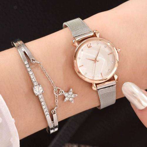 Watches With Bracelet Luxury Watch Set Women Fashion Silver Metal Band Quartz Wrist Watch Ladies Wri