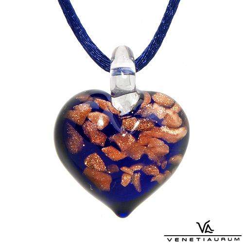 VENETIAURUM Made in Italy Terrific Brand New Heart Necklace Well Made in 24K Blue Murano Glass, Blue