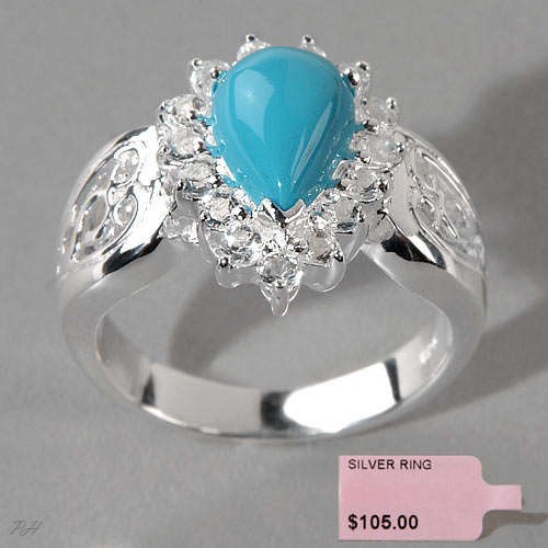 Adorable Genuine White Topaz and Blue Turquoise Ring, 2.20ctw., 7.0 Finger Size, Solid 925 Sterling