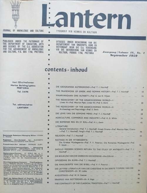 Lantern magazine (Julie to Sept 1959) Vol 9 no 1 Our Classical Heritage / Ons klassieke erfenis