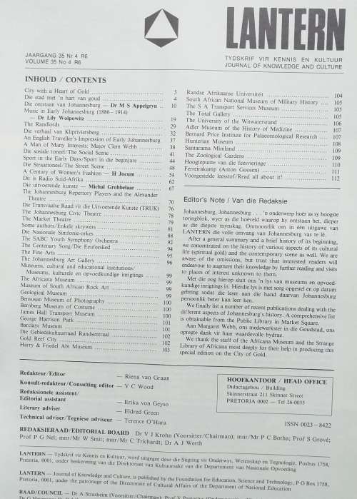 Lantern magazine (Dec 1986) Vol 35 no 4 (Johannesburg Centenary issue 1886 to 1986)