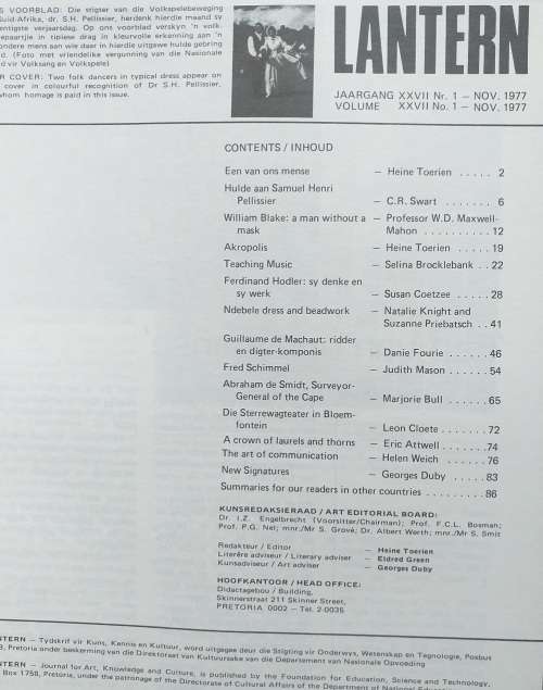 Lantern magazine (Nov 1977) Vol 27 no 1 Volkspele en Dr SH Pellissier