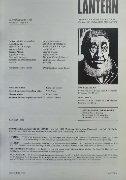 Lantern magazine (Oct 1984) Vol 33 no 4 Hulde aan Pres SJP Kruger ZAR