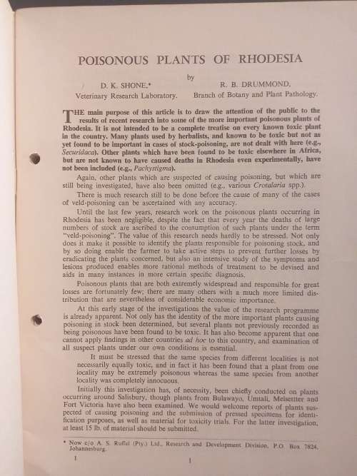 Poisonous plants of Rhodesia by DK Shone & RB Drummond