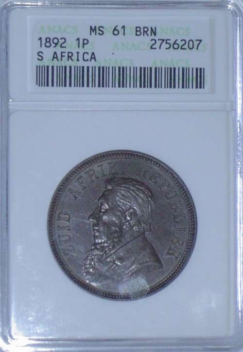 1892 ZAR Anacs MS61 BRN pennie penny