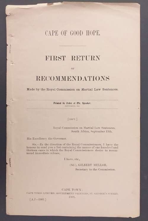 First Return of Recommendations Made by... Martial Law... Cape of Good Hope 1902 Anglo Boereoorlog