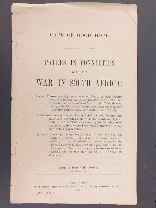 Papers in connection with the War in South Africa - Cape of Good Hope 1902 Anglo Boereoorlog