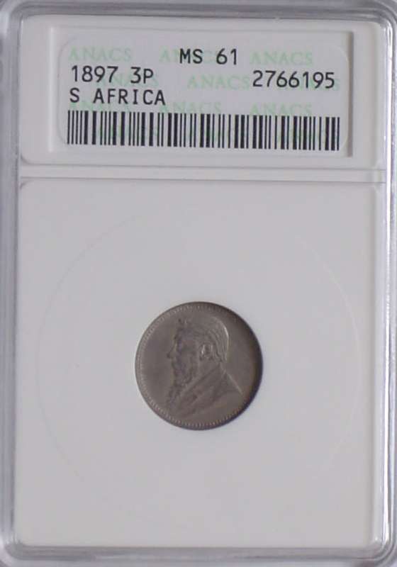 1897 ZAR Anacs MS61 3p tickey tiekie 3p