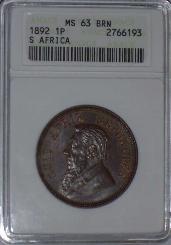 1892 ZAR Anacs MS63 BRN pennie penny