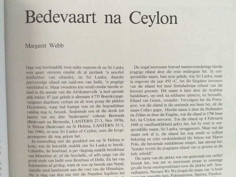Lantern Tydskrif Magazine Aug 1987 vol 36 nr 3 Boerekrygsgevangenis Ceylon